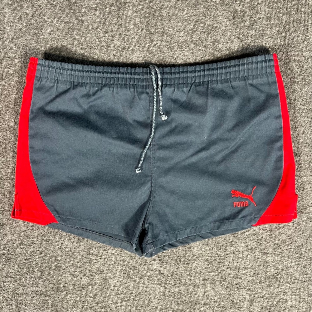 Vintage 80s Puma Sprinter Running Shorts Gray Red Mens Medium Retro Athletic